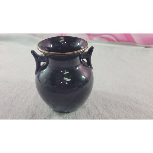 VTG Asian Double-Handle Porcelain Black Vase Gold-Trim Butterfly Floral 4" - Picture 4 of 6